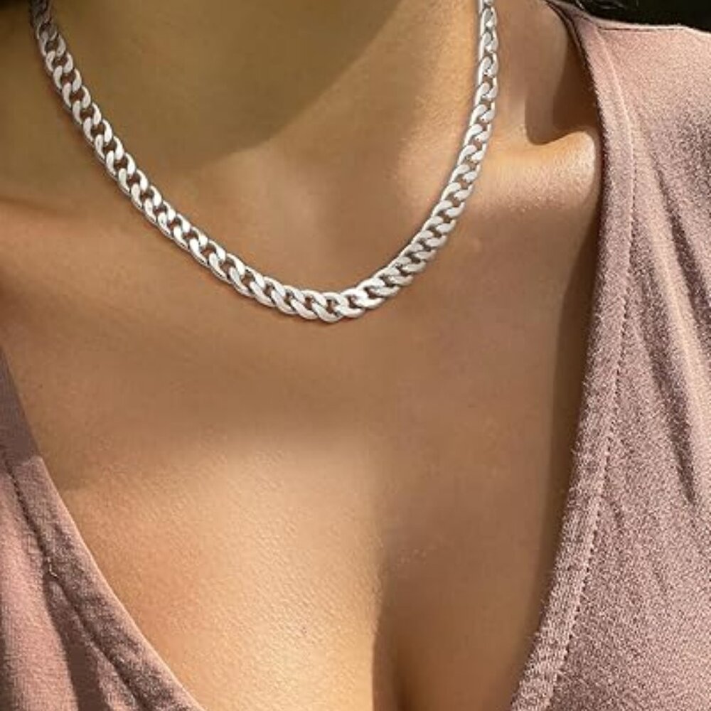 Chunky Silver Necklace Dainty Plated Chain Necklace Cuban Choker Layered Elegant